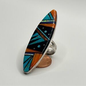 Southwestern Turquoise Coral Inlay Sterling Silver Navajo Made Multi Stone Ring